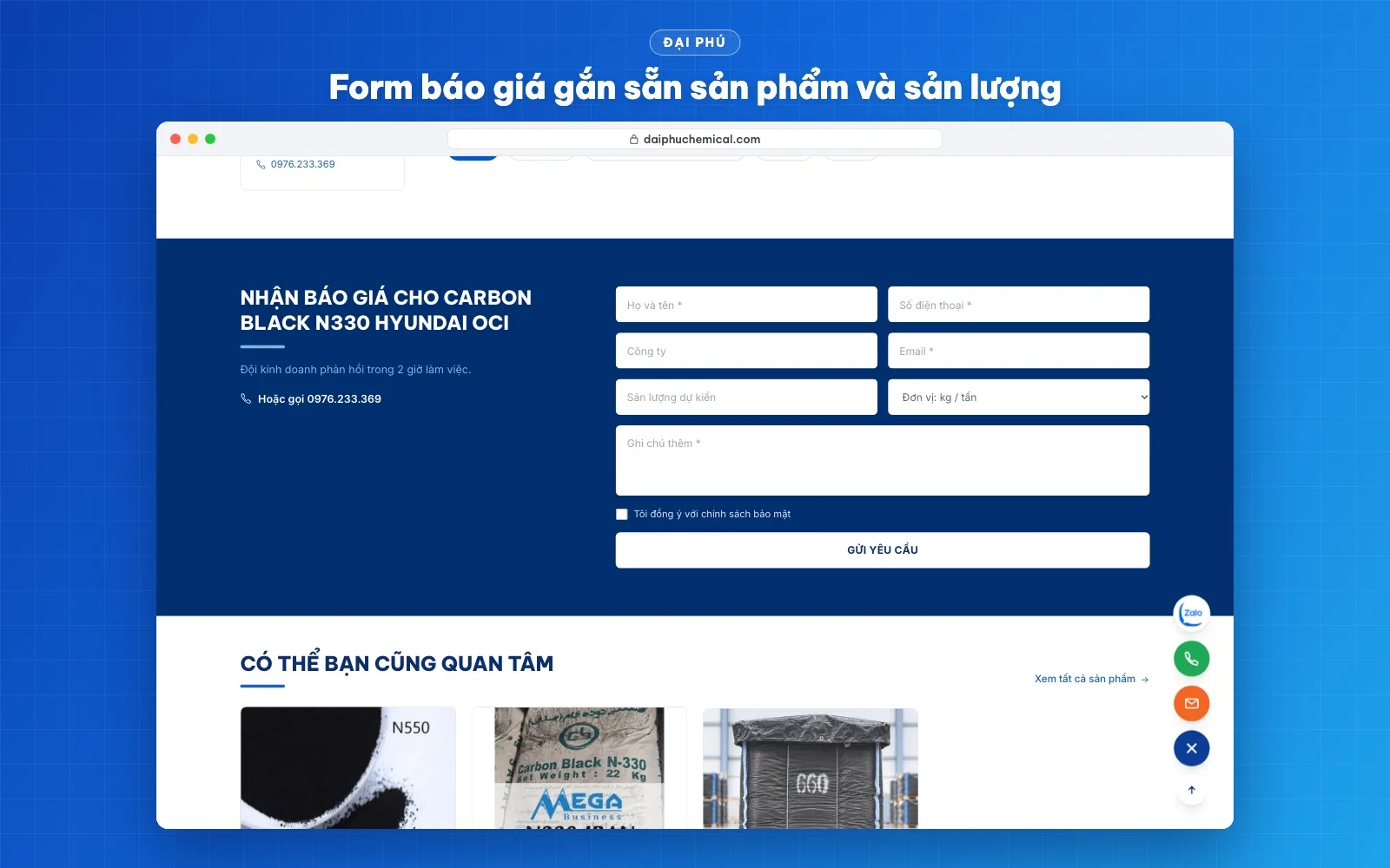 Form yêu cầu báo giá gắn sẵn sản phẩm, có sản lượng dự kiến và đơn vị kg hoặc tấn