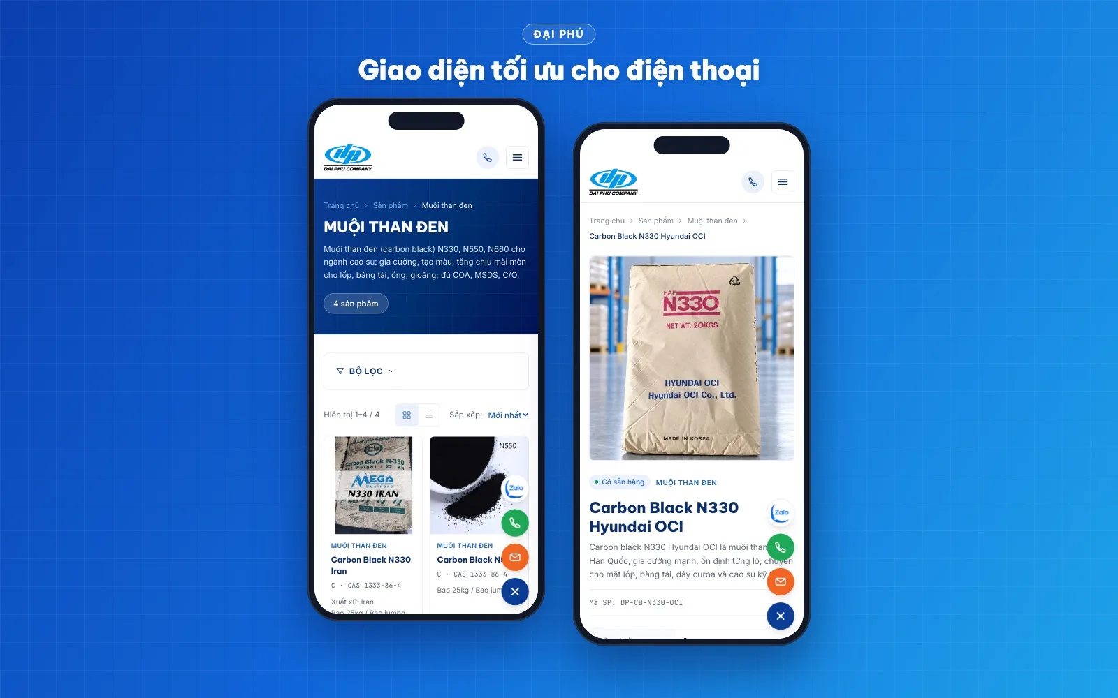Giao diện website Đại Phú trên điện thoại: danh mục muội than đen và trang sản phẩm