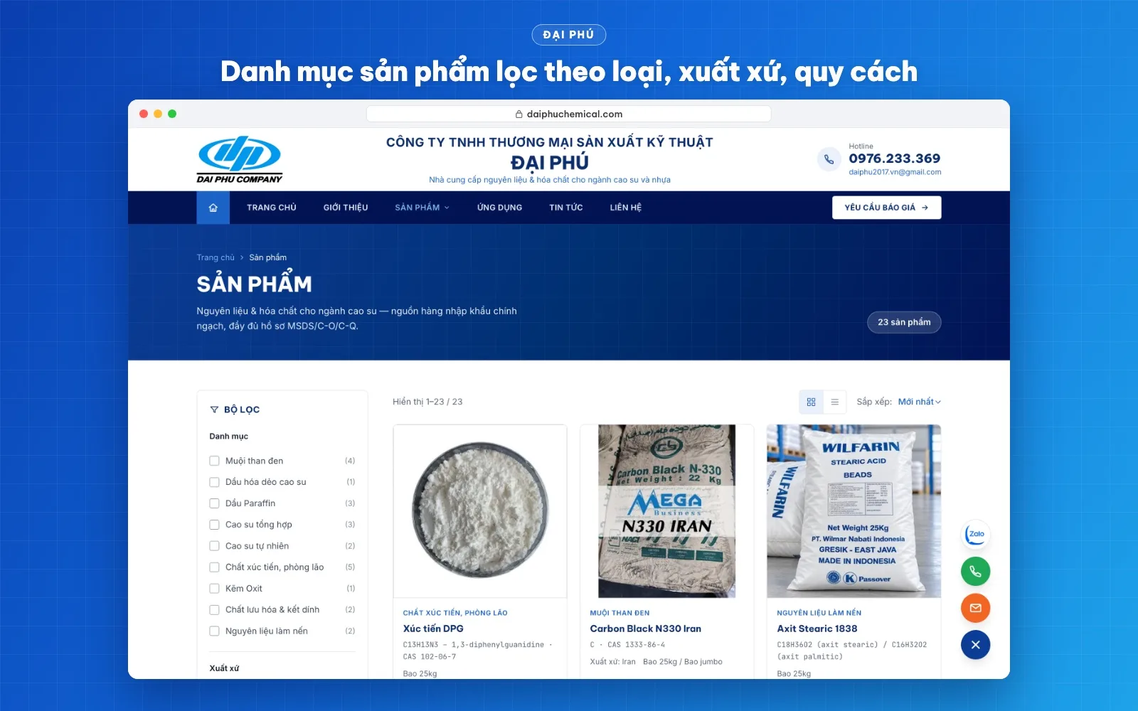 Danh mục sản phẩm hóa chất cao su có bộ lọc theo danh mục, xuất xứ và quy cách đóng gói