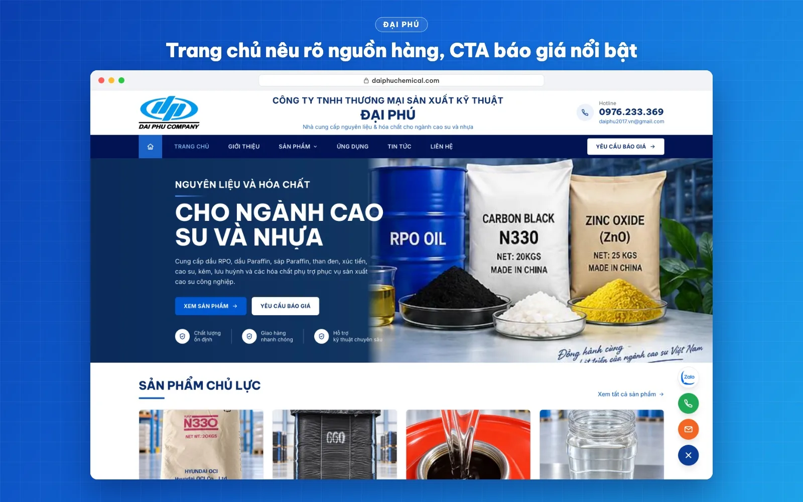 Trang chủ website Đại Phú với nút Xem sản phẩm và Yêu cầu báo giá