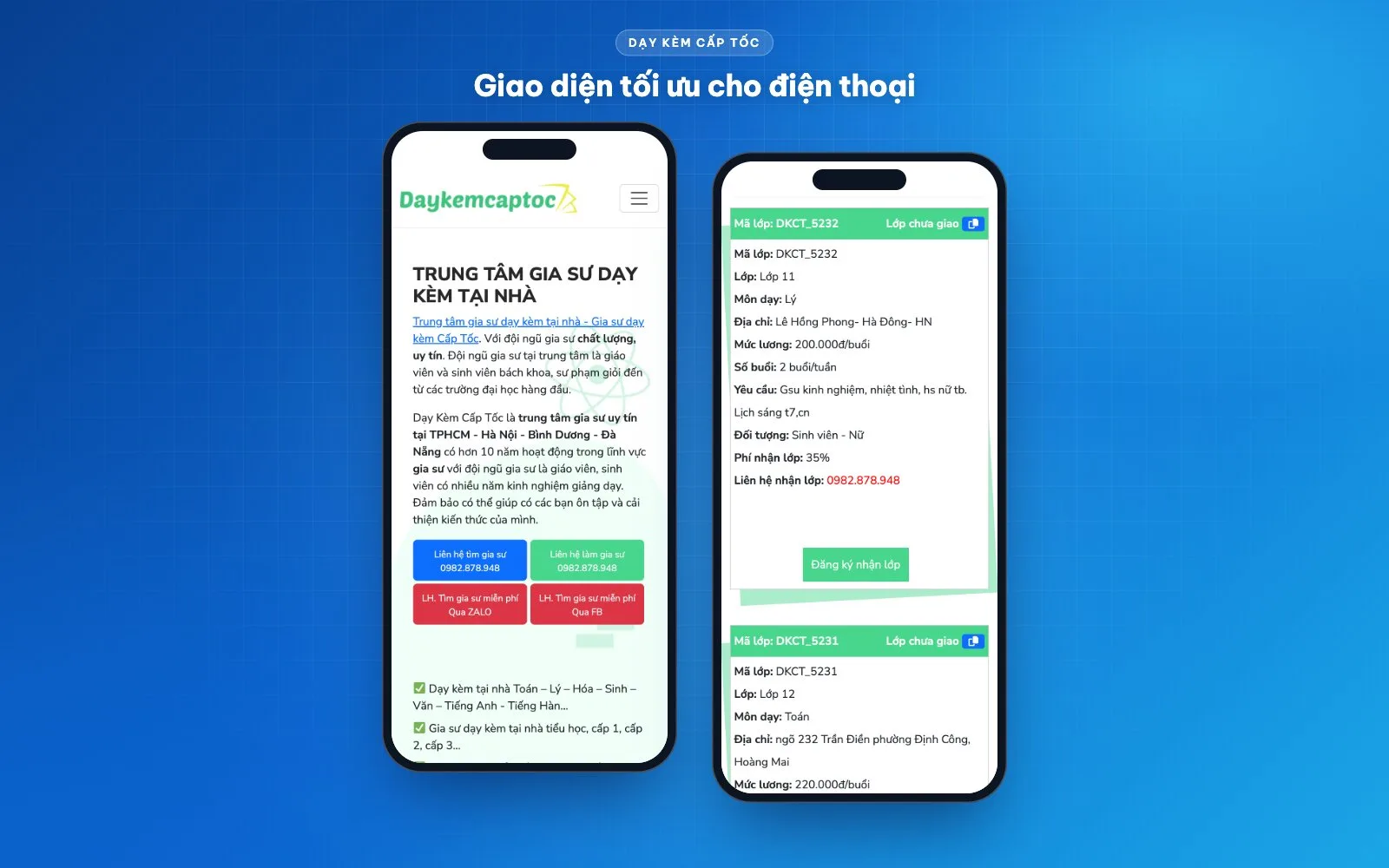 Giao diện website gia sư trên điện thoại: trang chủ và thẻ lớp dạy mới
