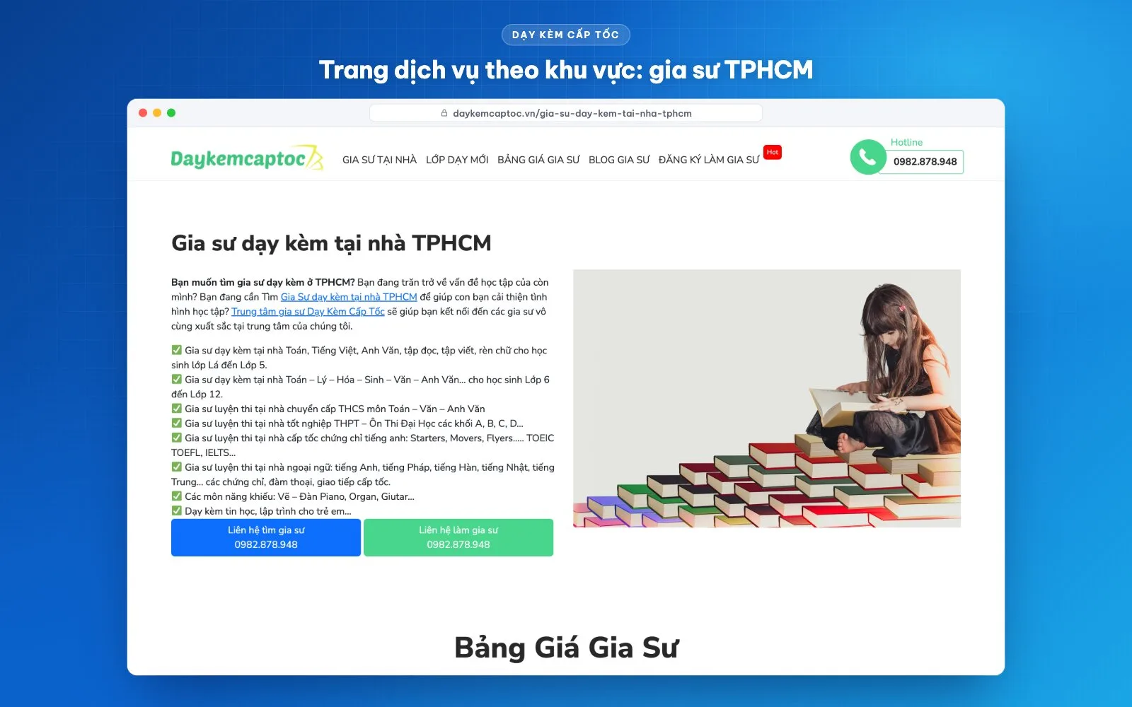 Trang dịch vụ gia sư dạy kèm tại nhà TPHCM, một trang đích theo khu vực
