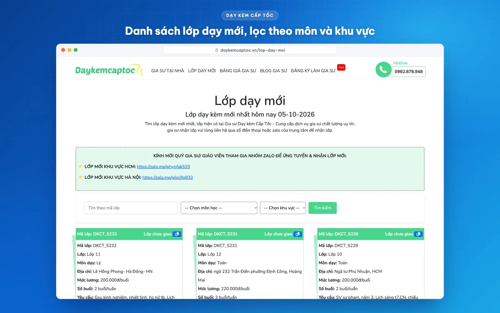 Trang lớp dạy mới có tìm theo mã lớp, lọc theo môn học và khu vực
