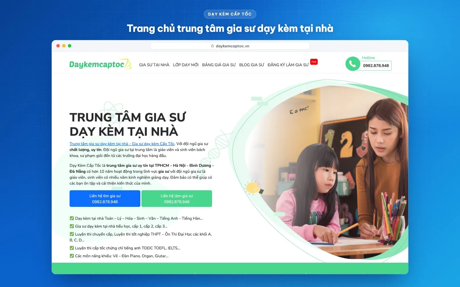 Trang chủ website trung tâm gia sư Dạy Kèm Cấp Tốc do Hozitech thiết kế