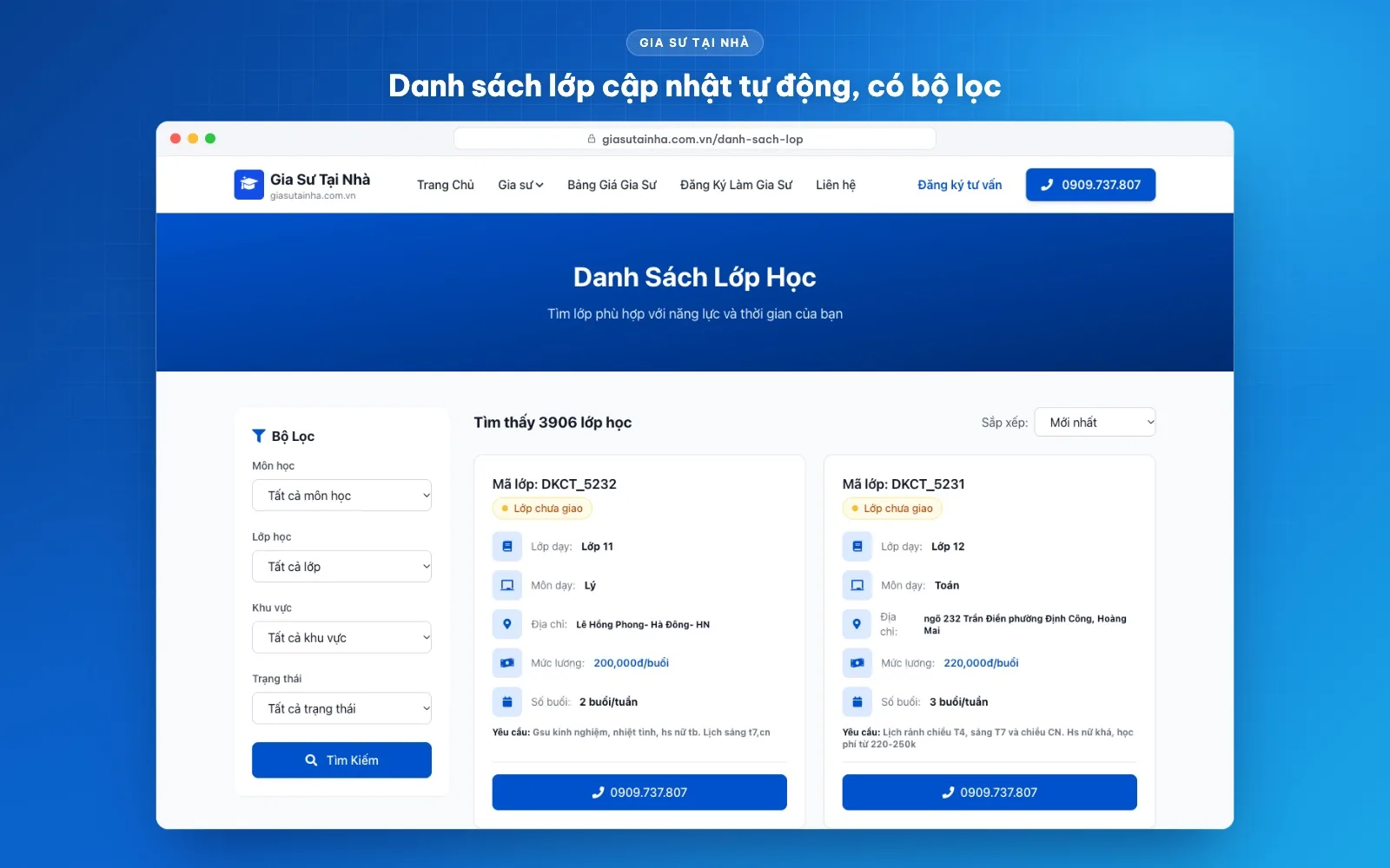 Trang danh sách lớp cần gia sư có bộ lọc môn học, lớp, khu vực và trạng thái