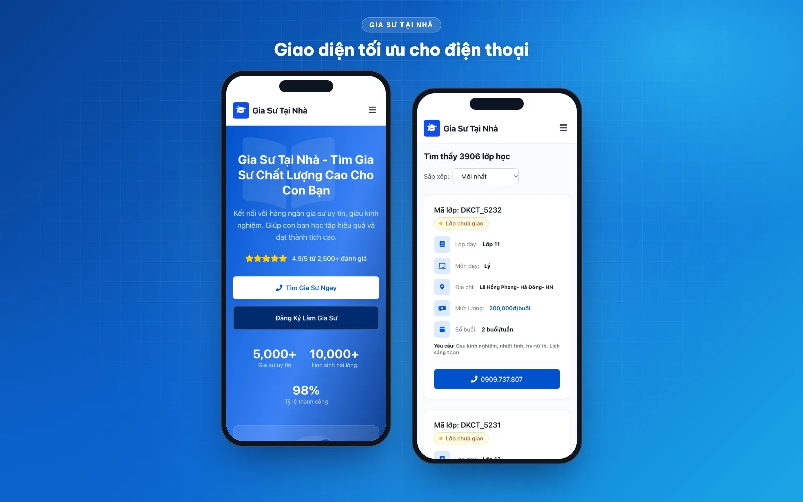 Giao diện website gia sư tại nhà trên điện thoại: trang chủ và danh sách lớp