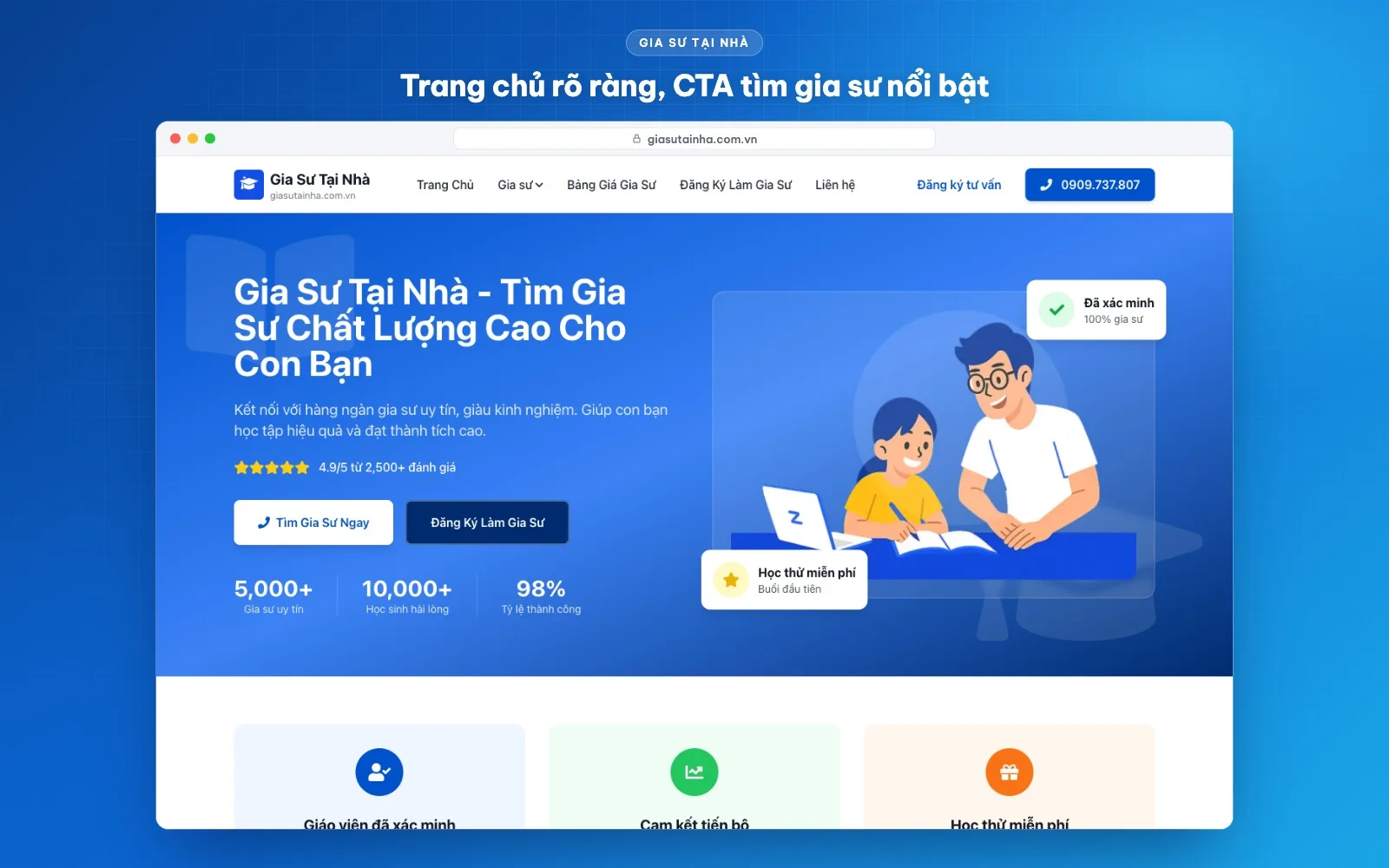 Trang chủ website gia sư tại nhà giasutainha.com.vn với nút Tìm gia sư và Đăng ký làm gia sư