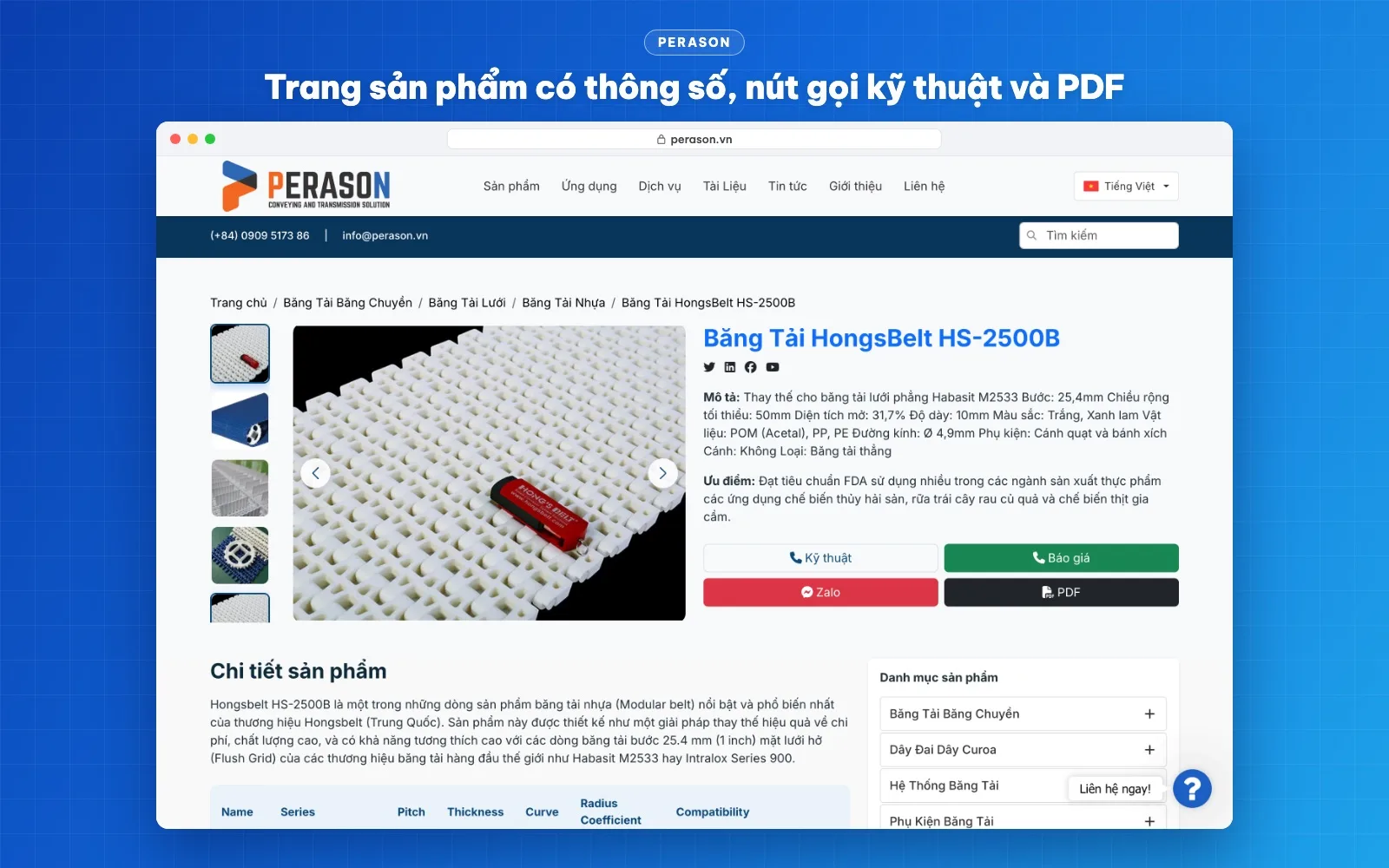 Trang chi tiết băng tải HongsBelt HS-2500B với thông số, nút gọi kỹ thuật, báo giá, Zalo và PDF