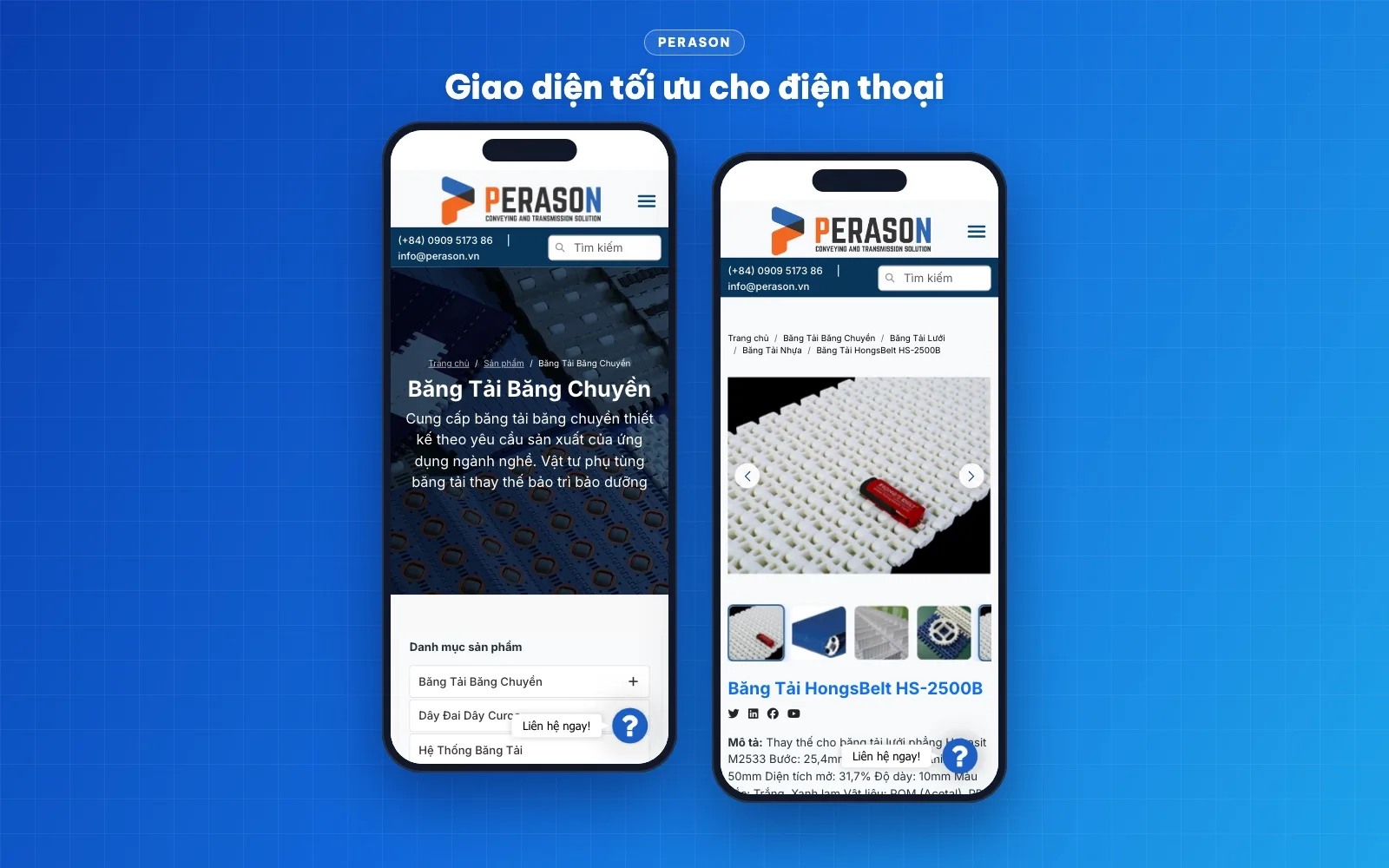 Giao diện website Perason trên điện thoại: danh mục băng tải và trang sản phẩm