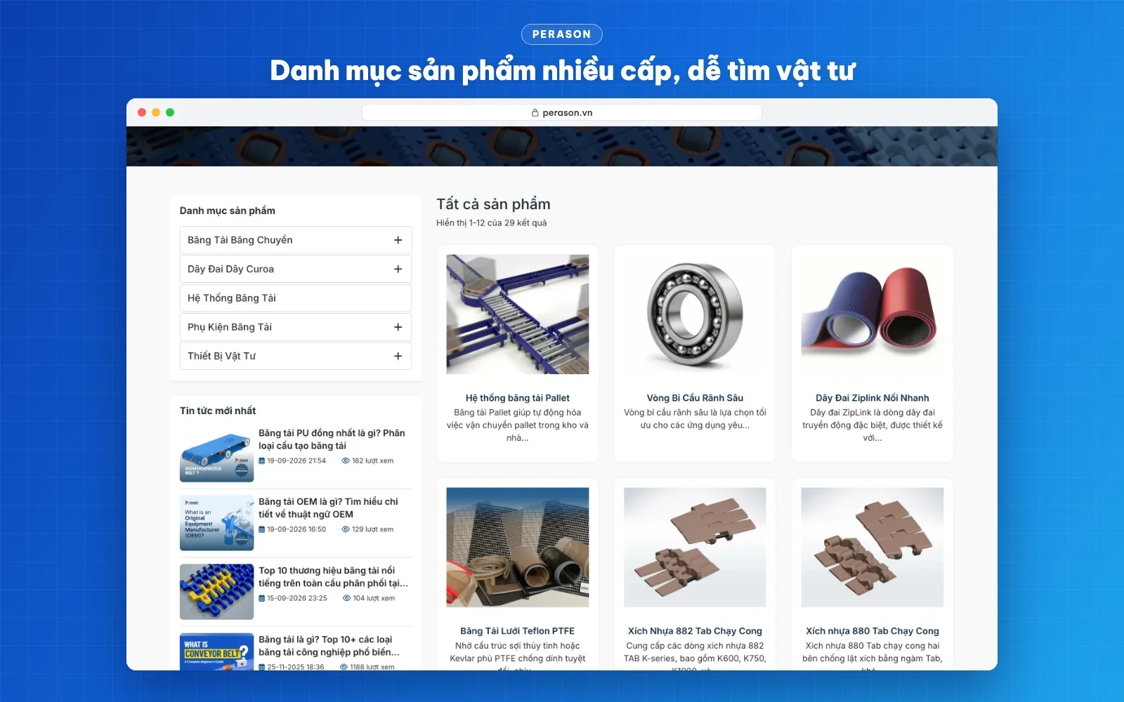 Trang sản phẩm Perason có danh mục nhiều cấp ở cột bên và lưới sản phẩm