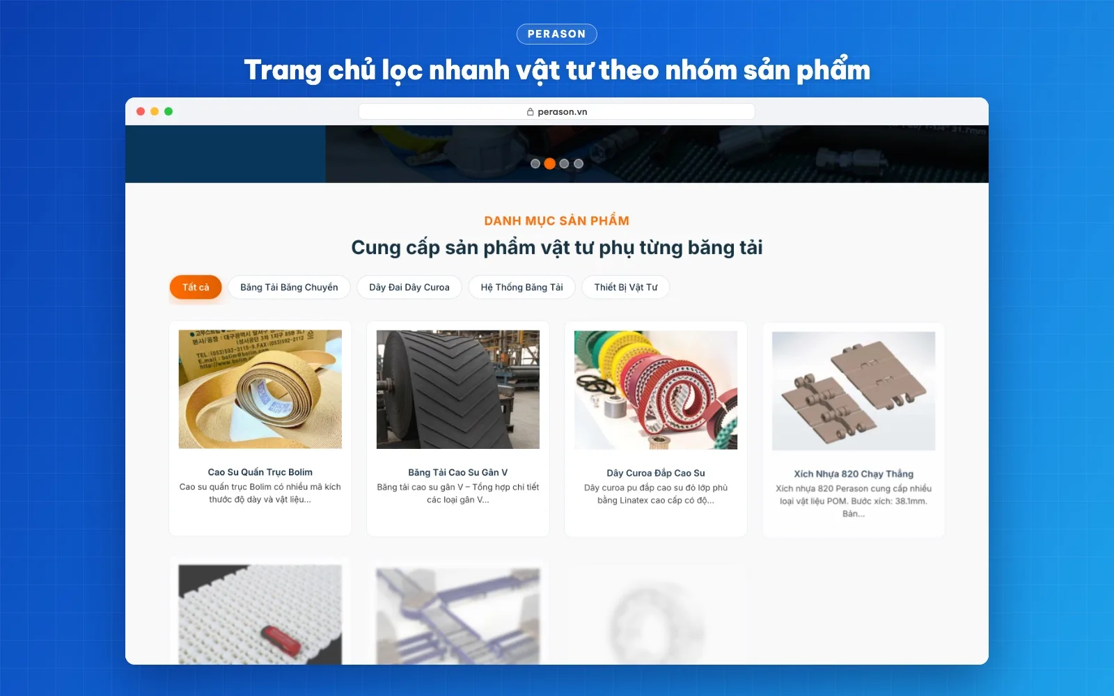 Trang chủ website Perason với bộ lọc sản phẩm theo nhóm băng tải, dây curoa, hệ thống băng tải, thiết bị vật tư