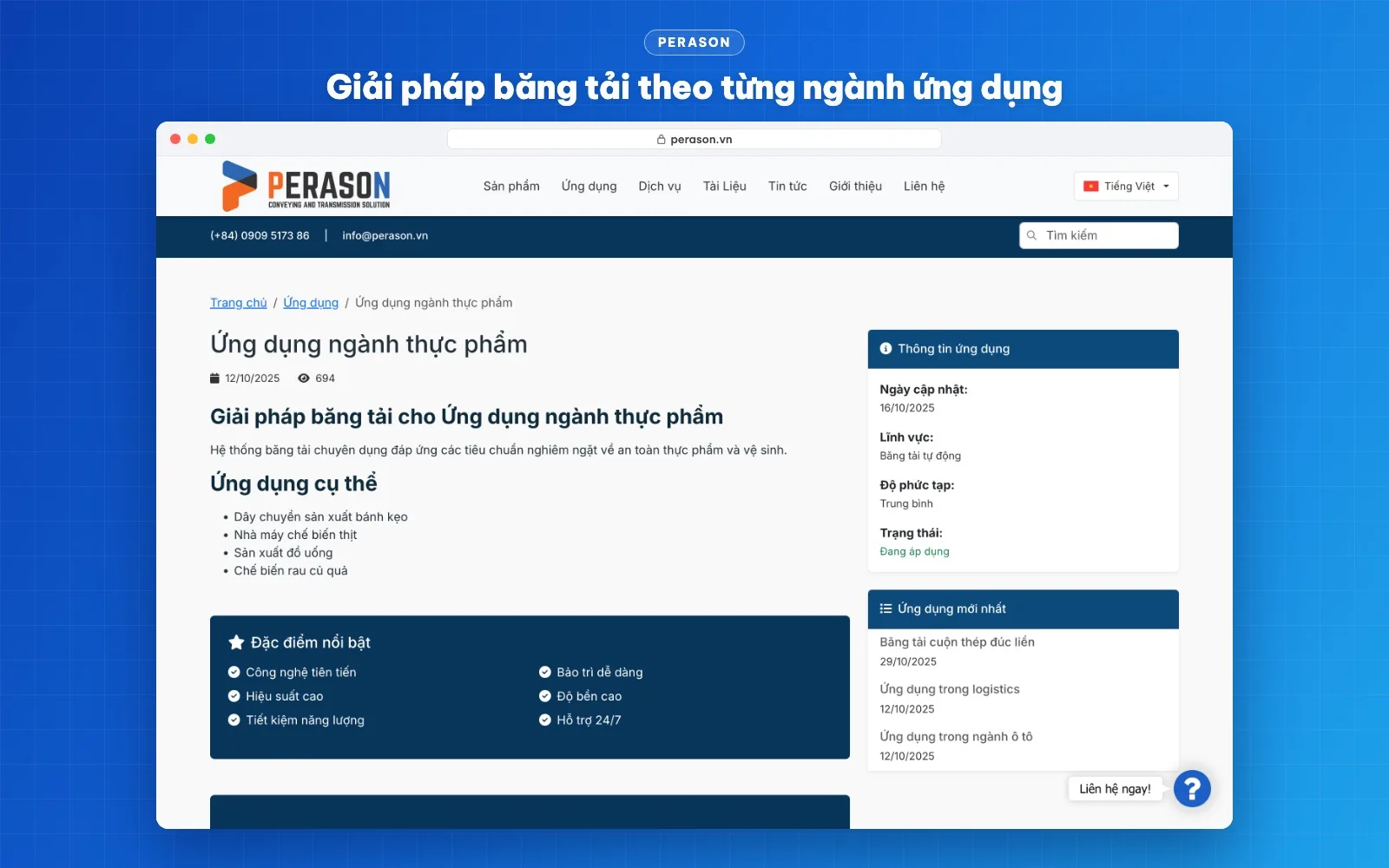 Trang ứng dụng băng tải ngành thực phẩm với khung thông tin ứng dụng