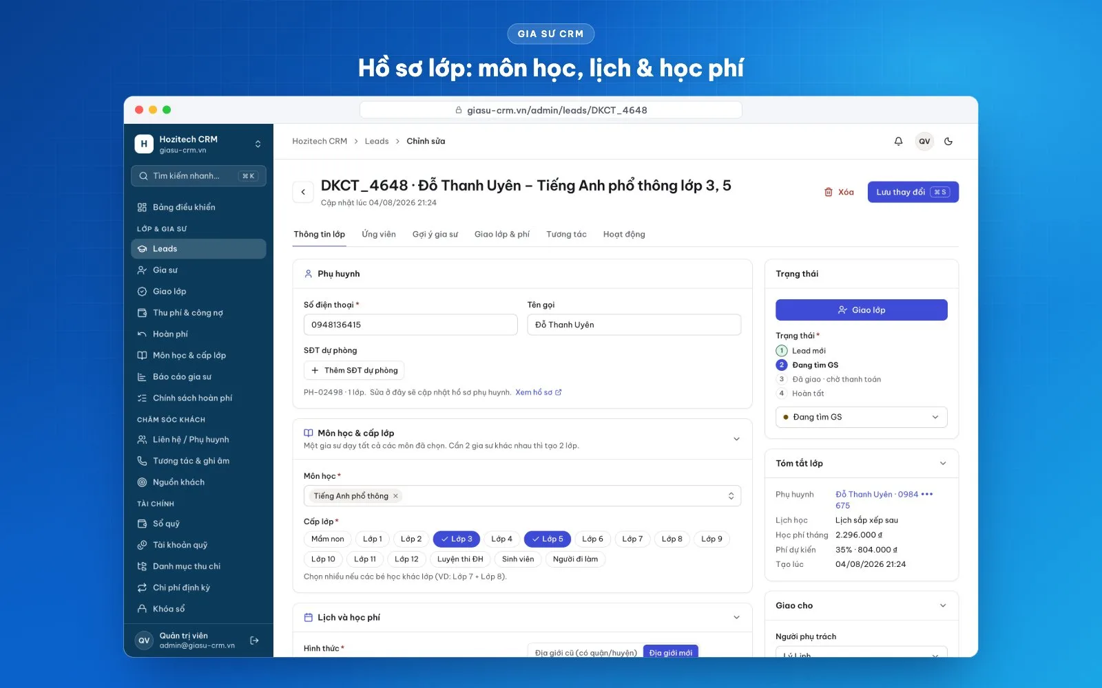 Hồ sơ gia sư và gợi ý gia sư phù hợp
